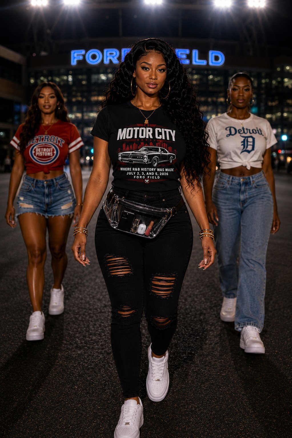 Three women in Detroit concert outfits at Ford Field with Motor City Tee