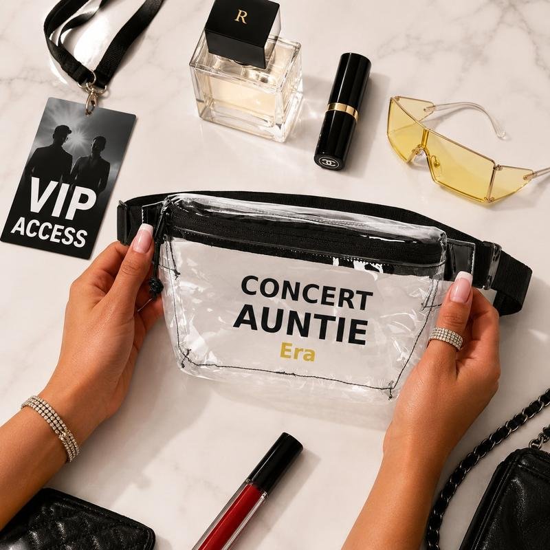 Concert Auntie Era clear stadium fanny pack flat lay VIP pass NYC