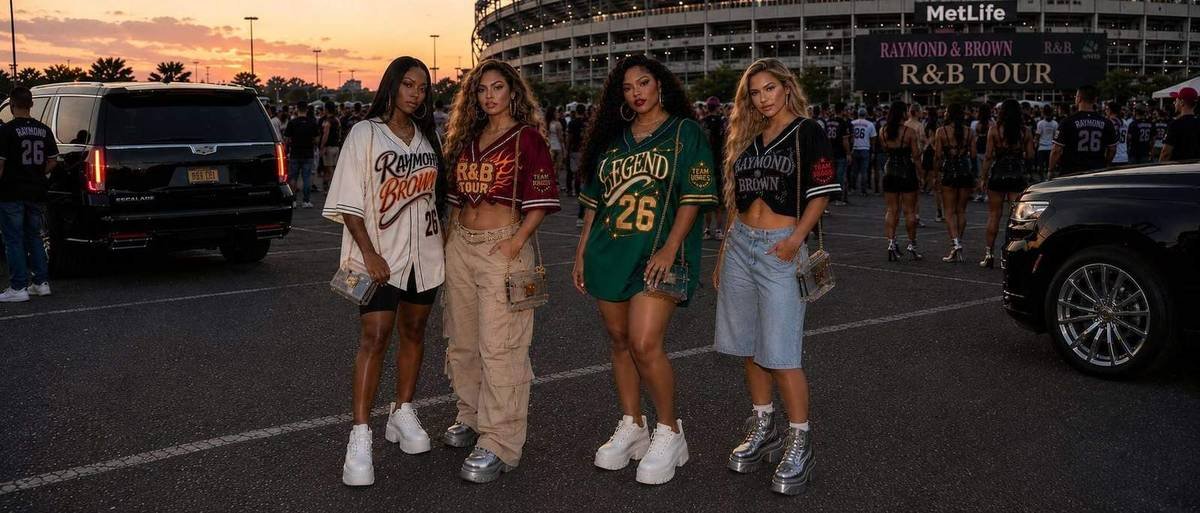 Four women in custom Raymond and Brown baseball jerseys at R&B Tour 2026