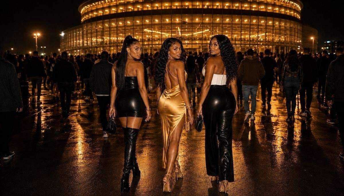 Three women in stadium-ready outfits at R&B concert 2026