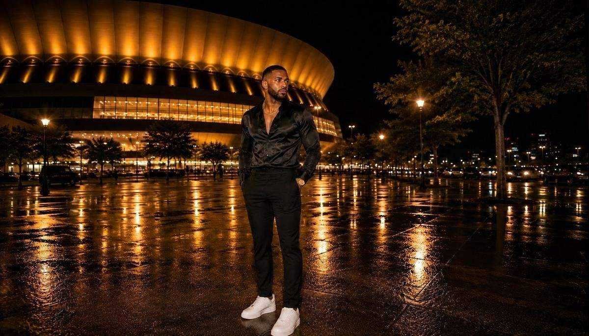 Mens R&B concert outfit black satin shirt gold chain white sneakers