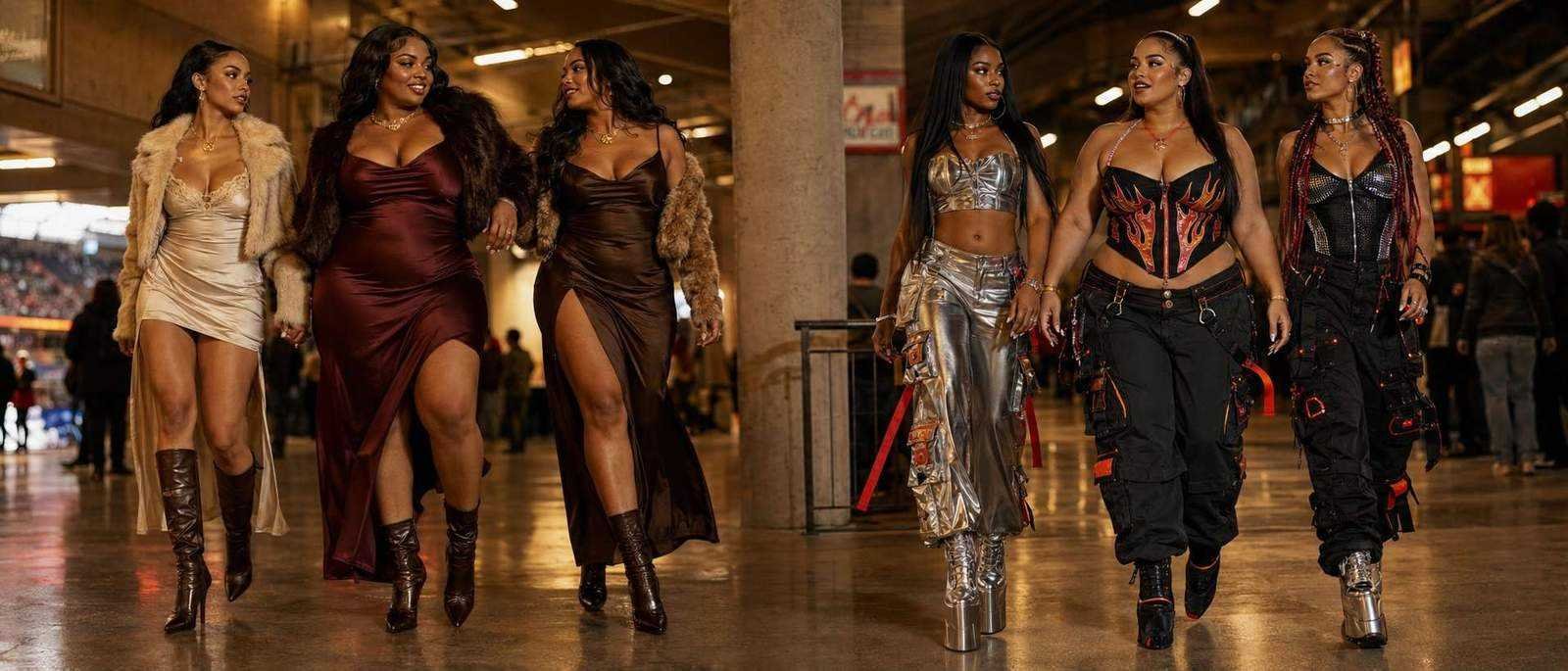Team Usher vs Team Breezy R&B Tour 2026 outfit split - silk slip dresses vs flame corsets
