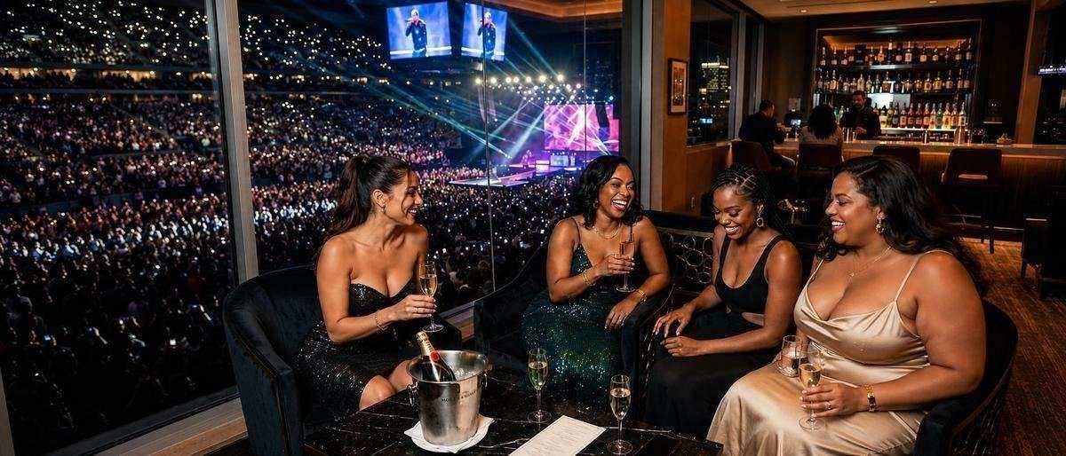 Luxury stadium VIP lounge with city view at R&B Tour 2026 concert featuring Usher and Chris Brown